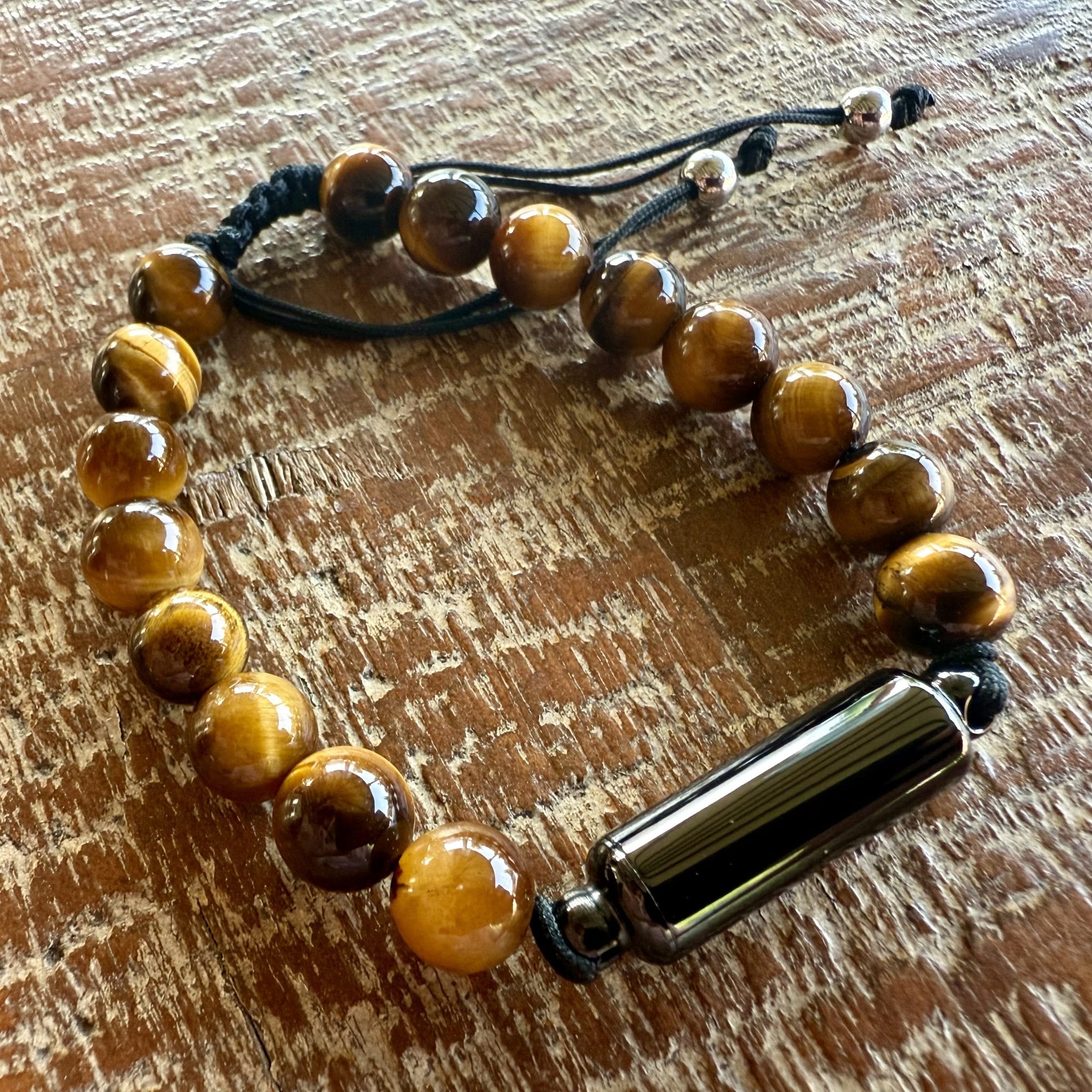 'Verstelbare' Zwarte As-Armband met as-ruimte | 8mm Tijgeroog Kralen armband