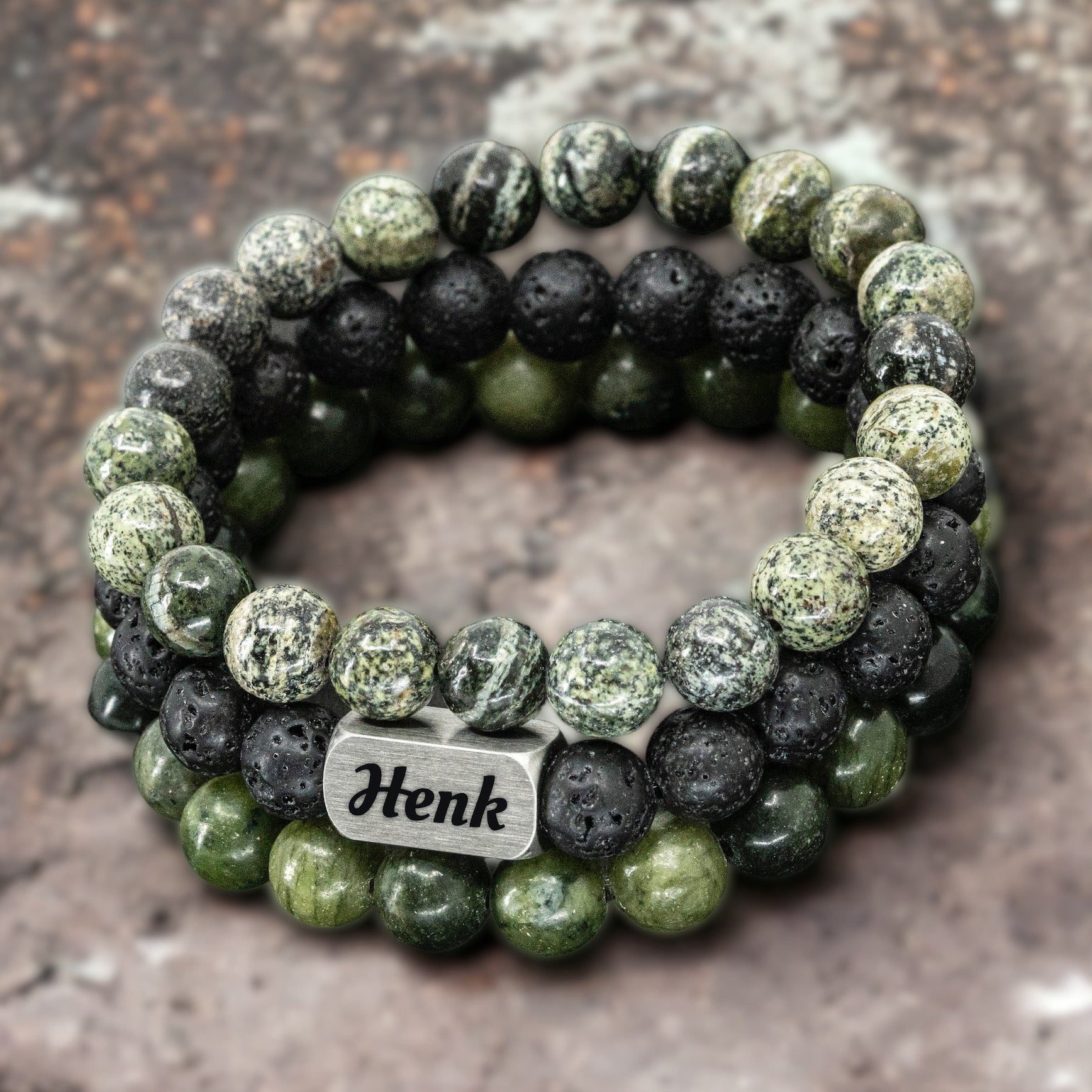 Heren 3 Armbanden Set: Zebra Stone • Lava Rock • Natural Jade