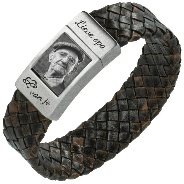Heren fotoarmband met Gevlochten leer zwart / bruin met eigen foto