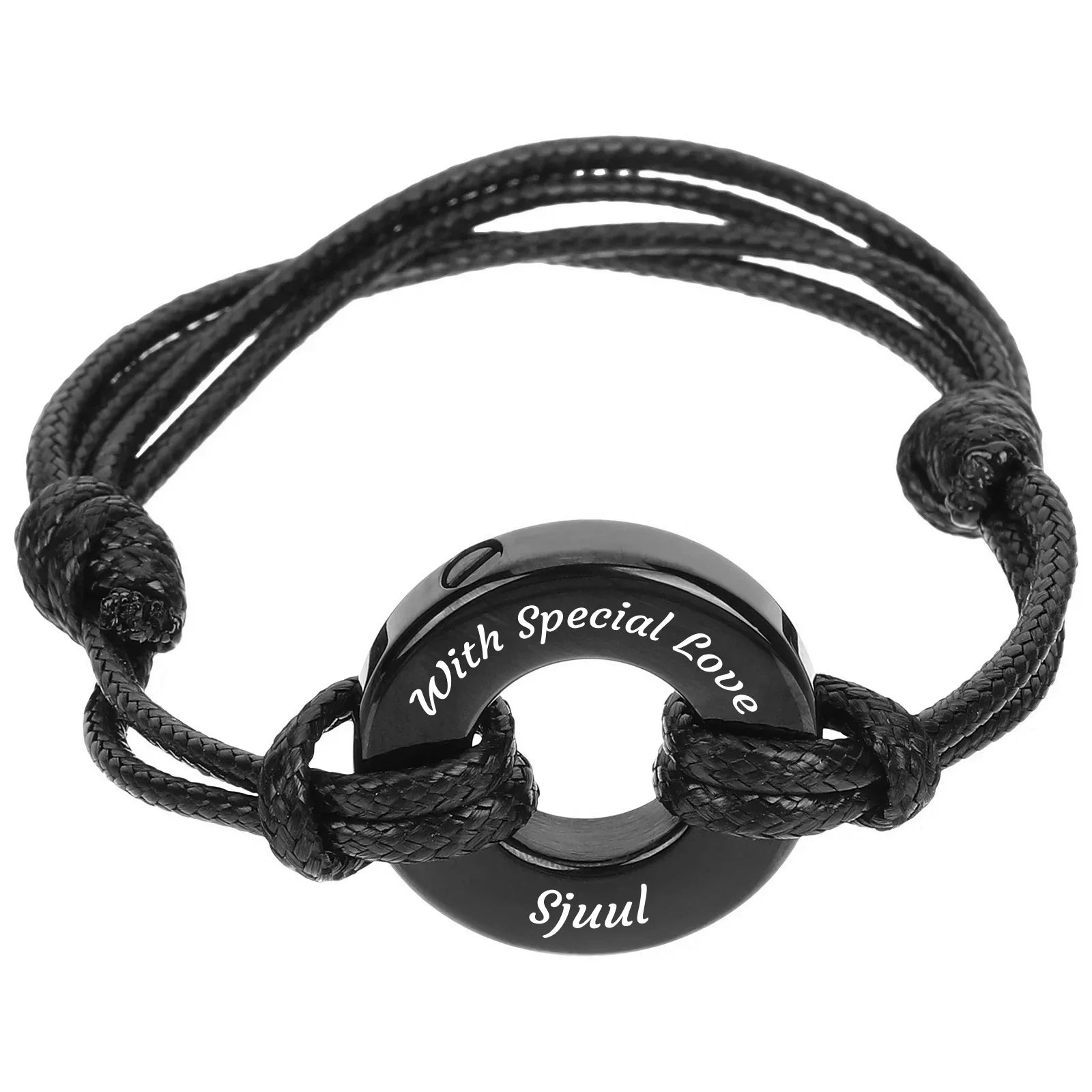 Zwarte Urn Armband – Verstelbaar leer + Askamer met Gravure
