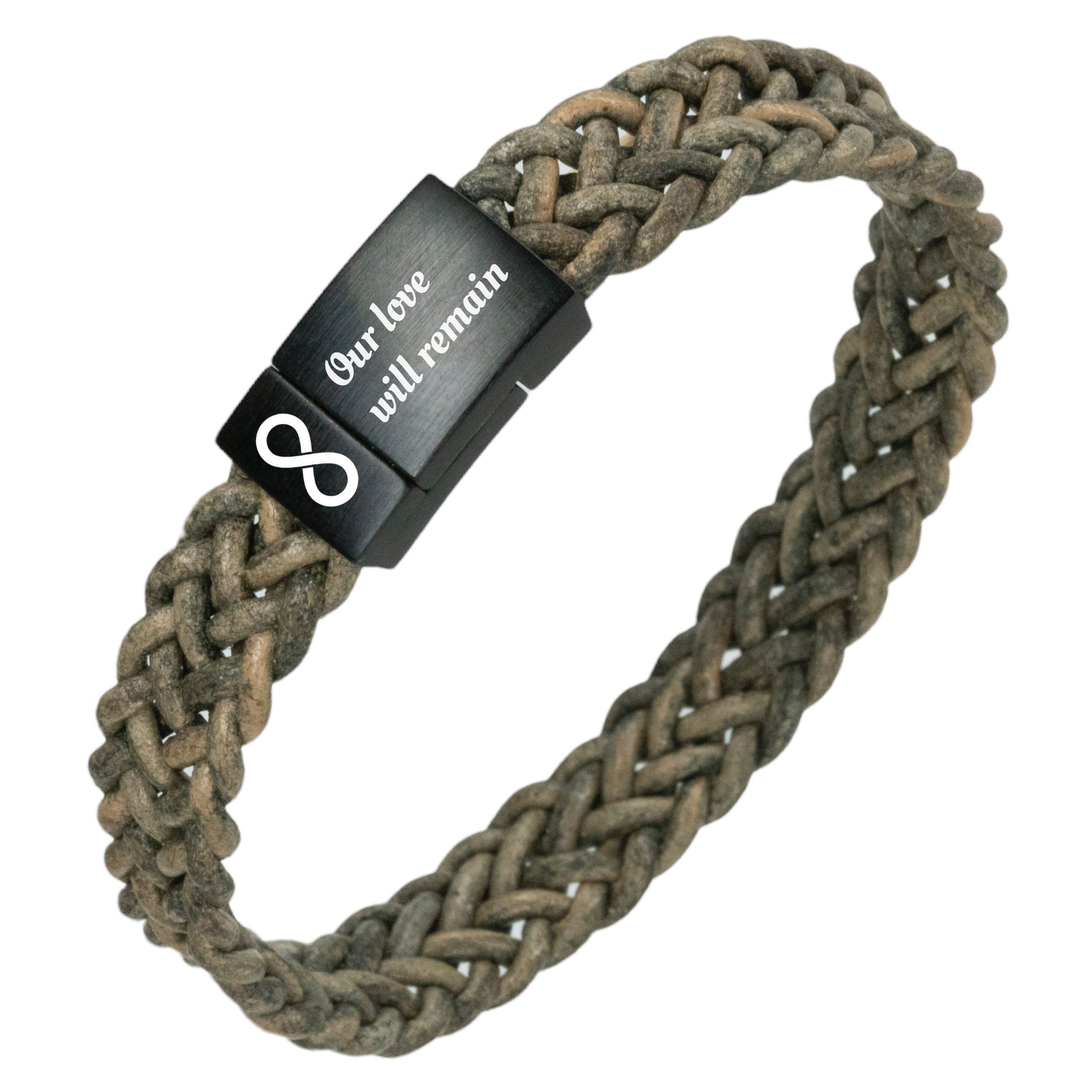Zwart Edelstalen Armband met gravure - gevlochten leer