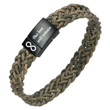 Zwart Edelstalen Armband met gravure - gevlochten leer