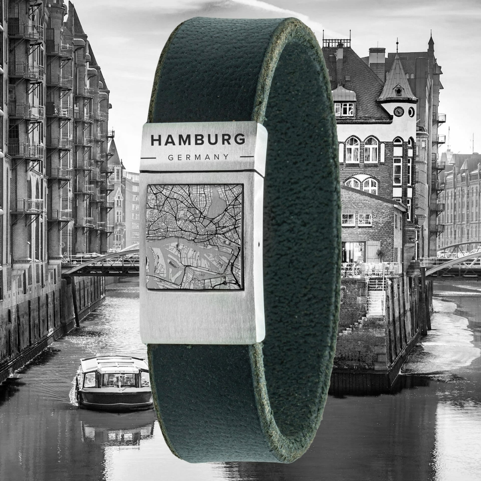 Kaart (Hamburg) op armband - Zwart leer met je eigen dorp