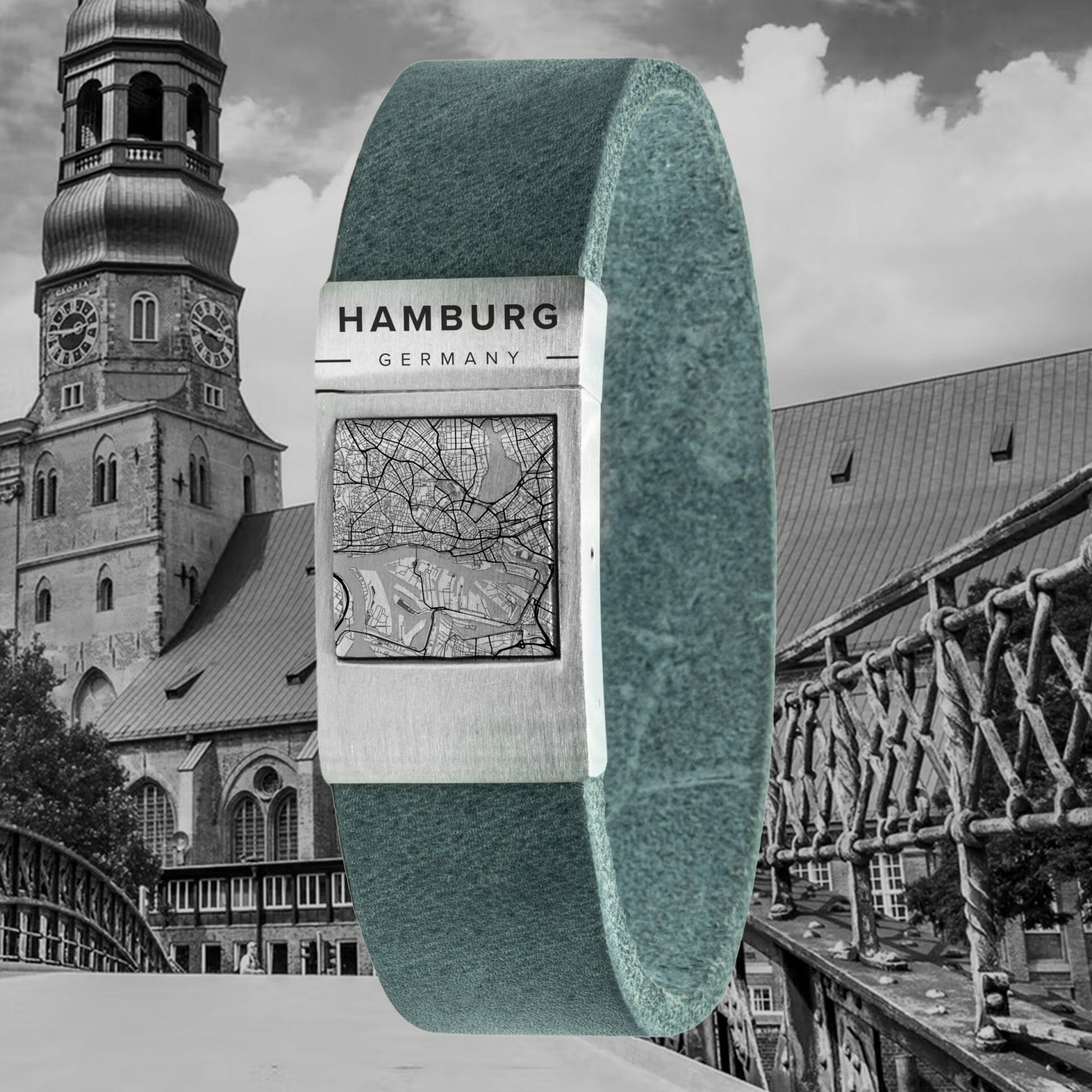 Kartenarmband aus <b>grauem</b> Leder mit Heimatstadt