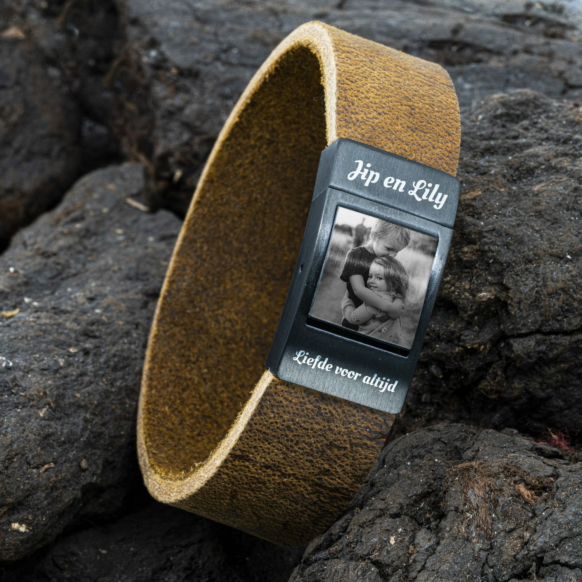 Fotoarmband Heren Gevlochten bruin leer – Eigen Foto op armband