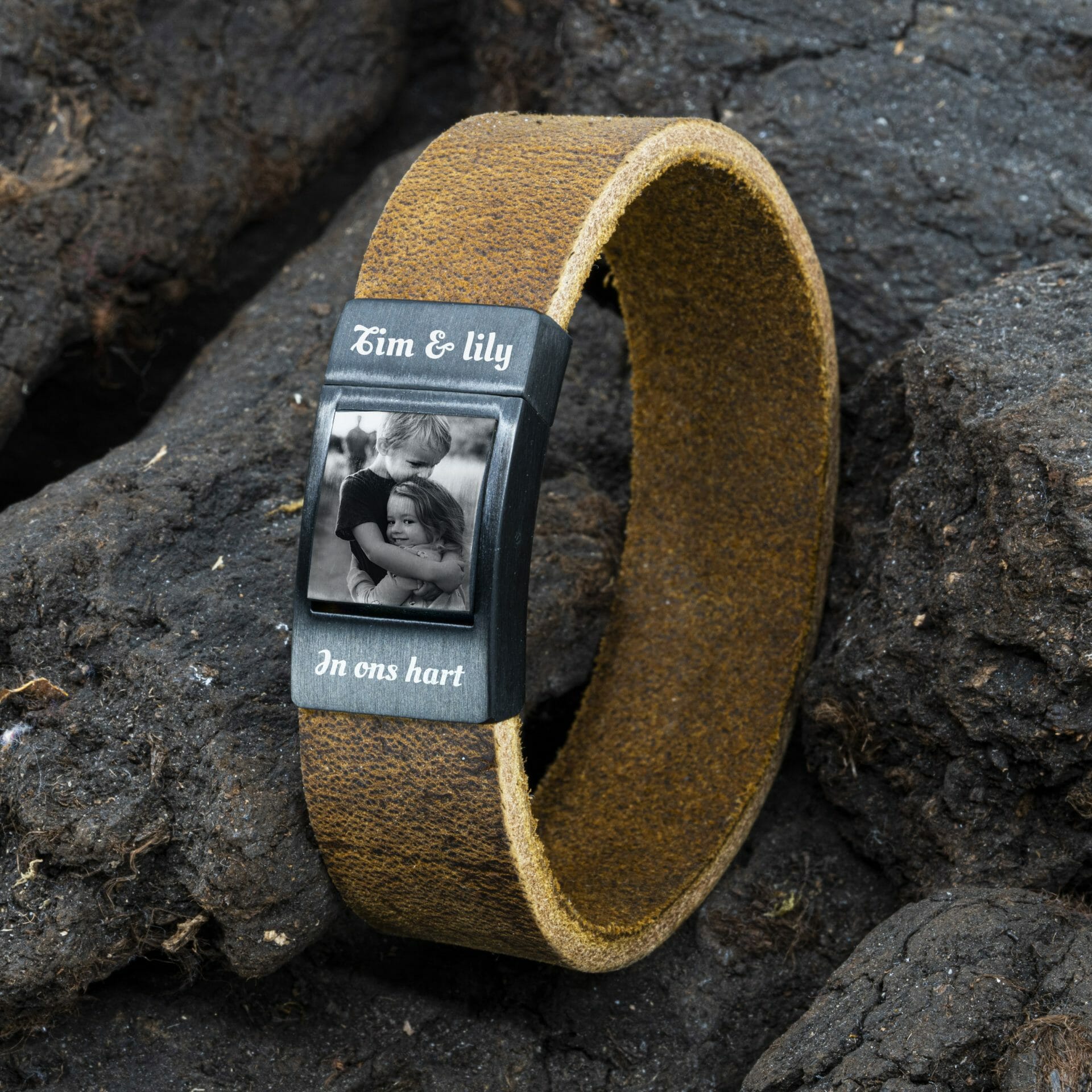 Foto armband Heren Leren Armband met Fotoafdruk Zwart / Bruin