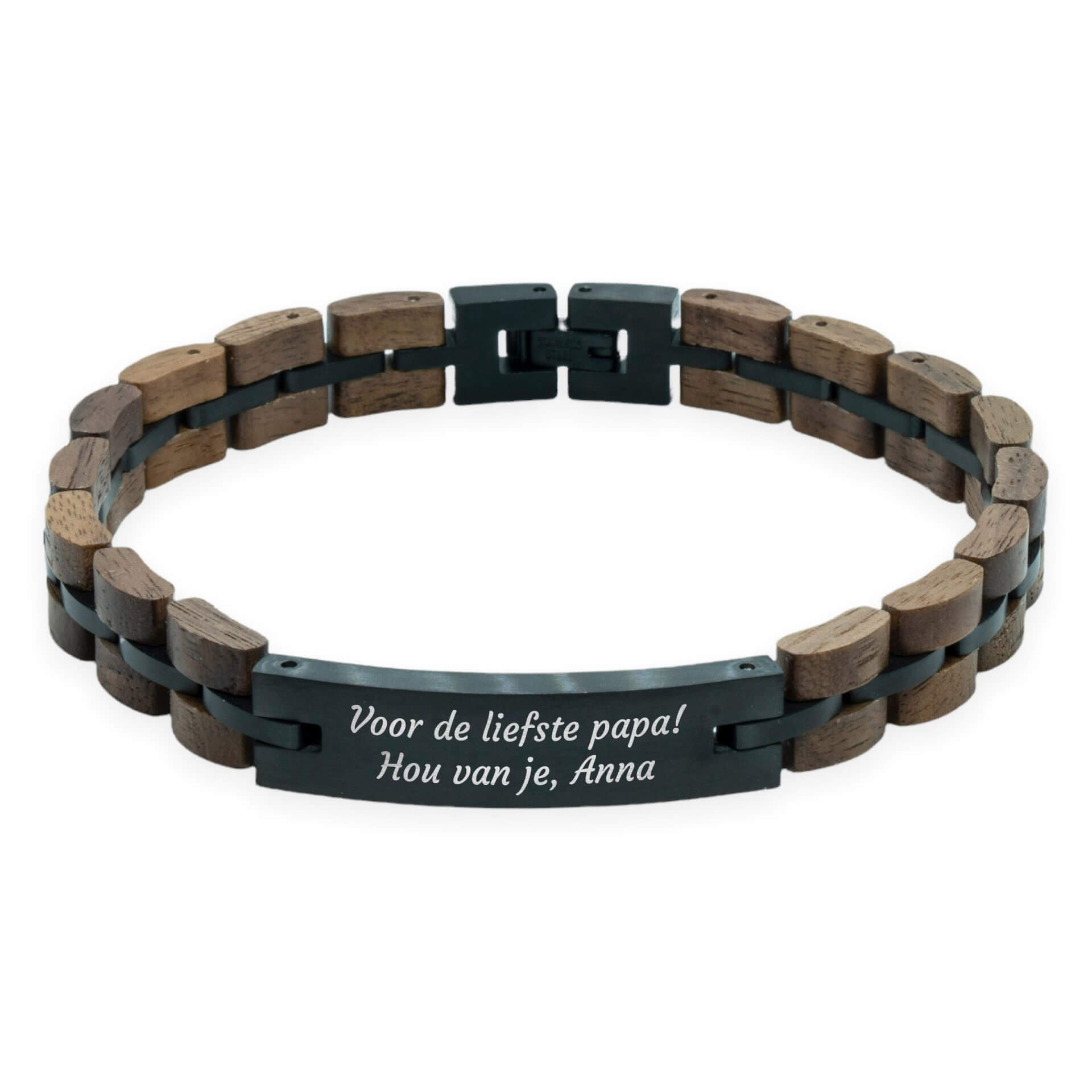 Houten Walnoot armband zwart + eigen tekst