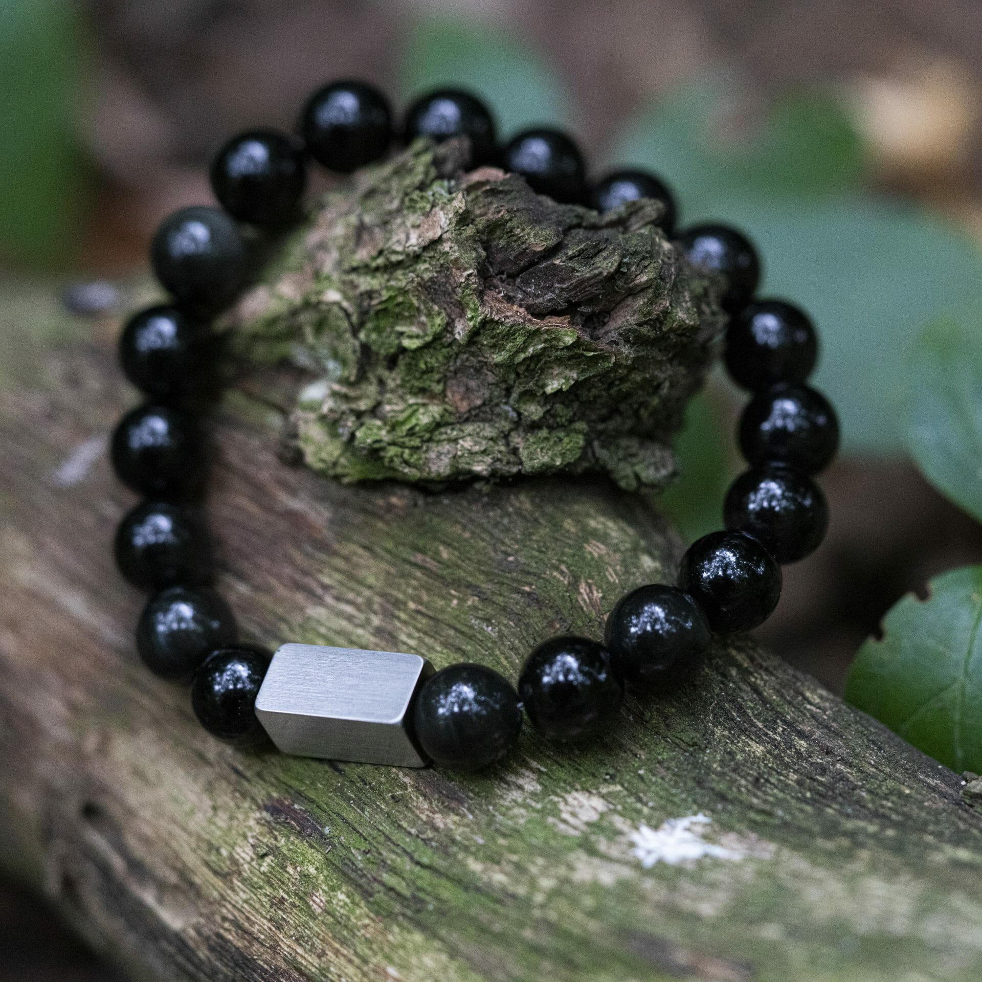 Zwarte Natuursteen Armband – Obsidiaan Kralen Groen & Grijs