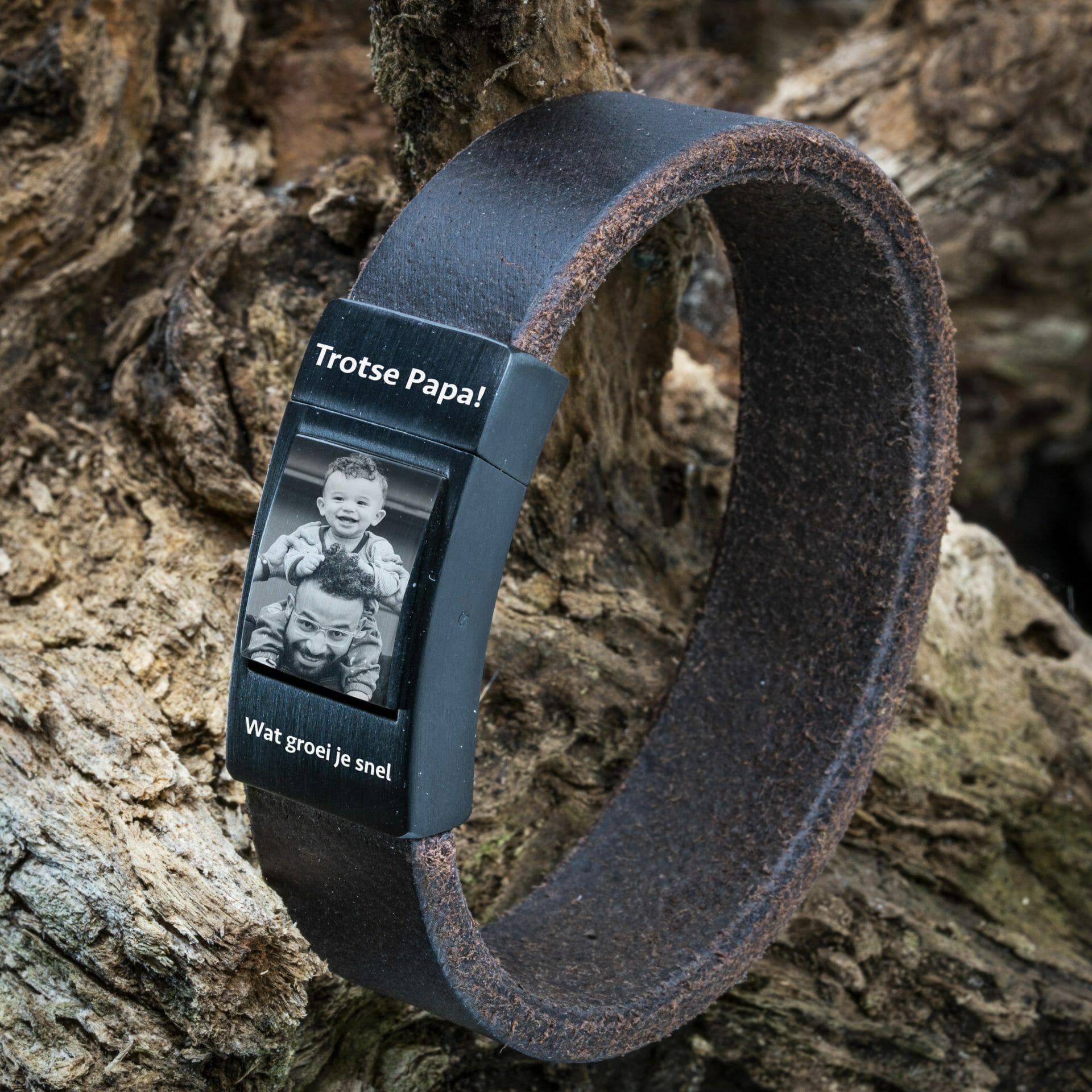 Fotoarmband Dames Gevlochten bruin leer – Eigen Foto op armband
