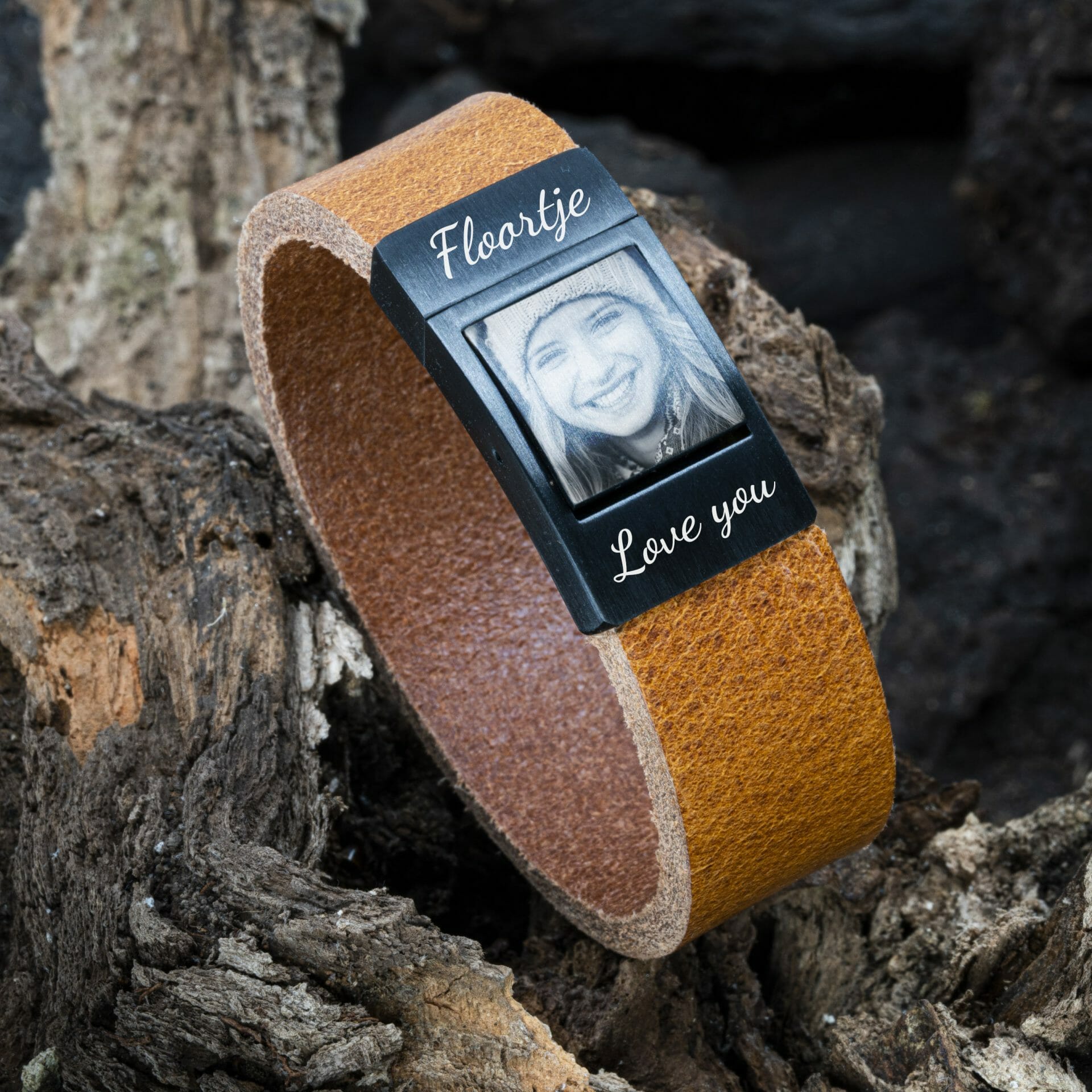 Foto op armband Love You – Cognac leren Armband met Foto gravure