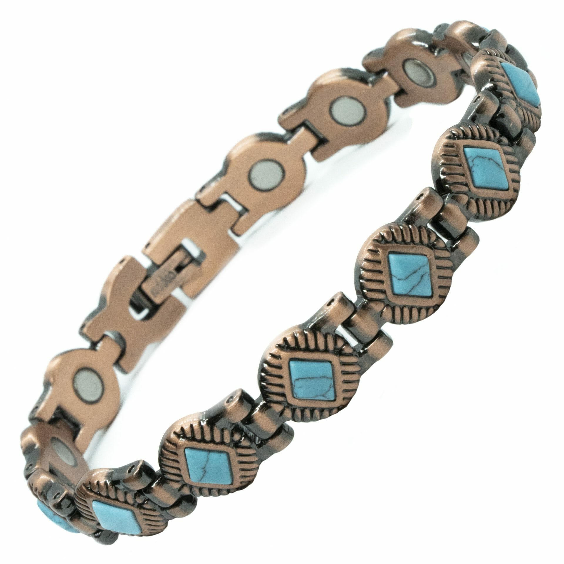 Koperen dames magneet armband + Turquoise edelstenen