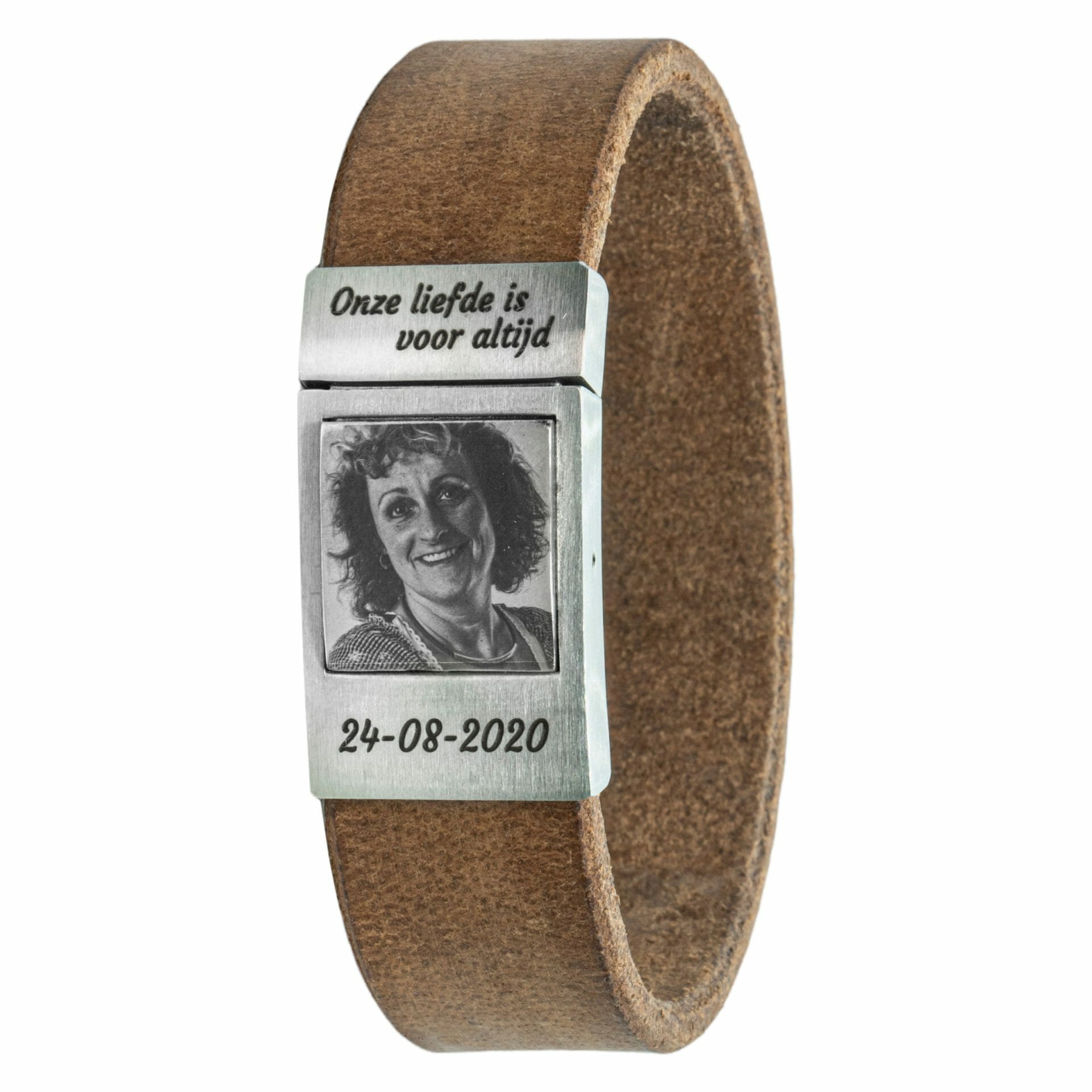 Foto armband met eigen foto Beige leer