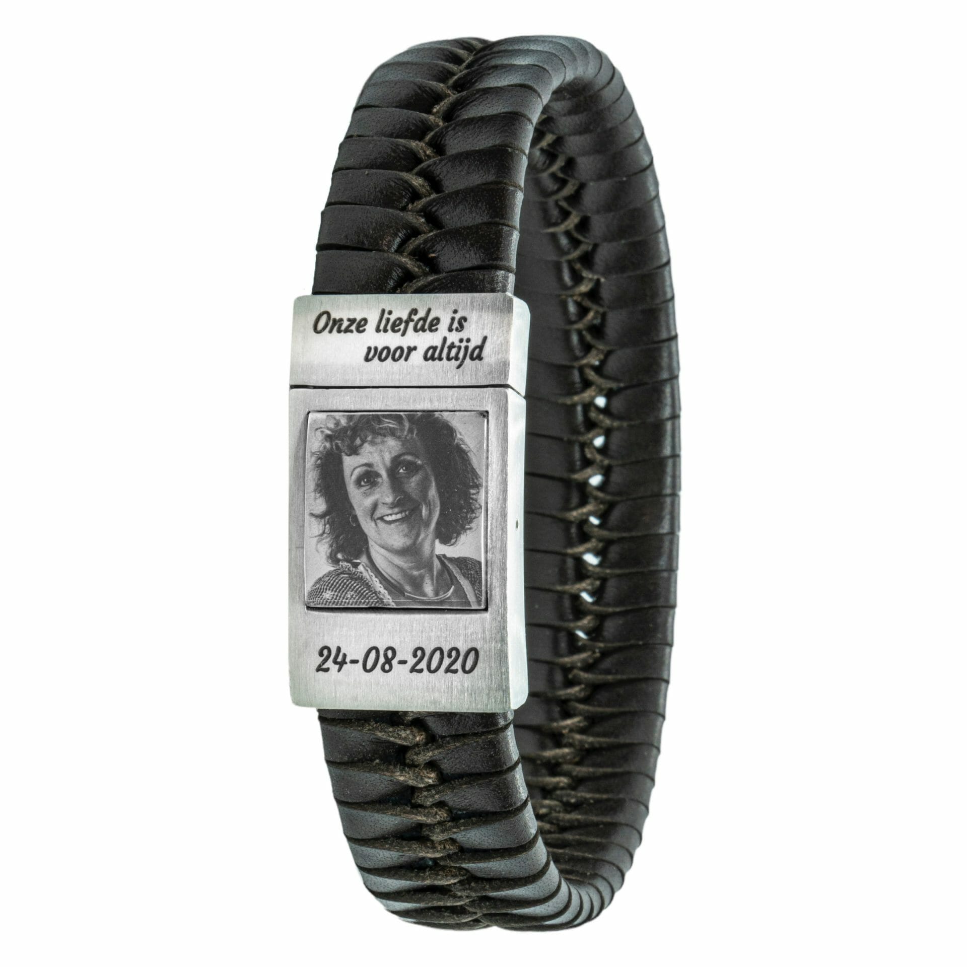 Heren fotoarmband met Gevlochten leer zwart / bruin met eigen foto