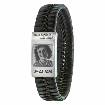Heren fotoarmband met Gevlochten leer zwart / bruin met eigen foto