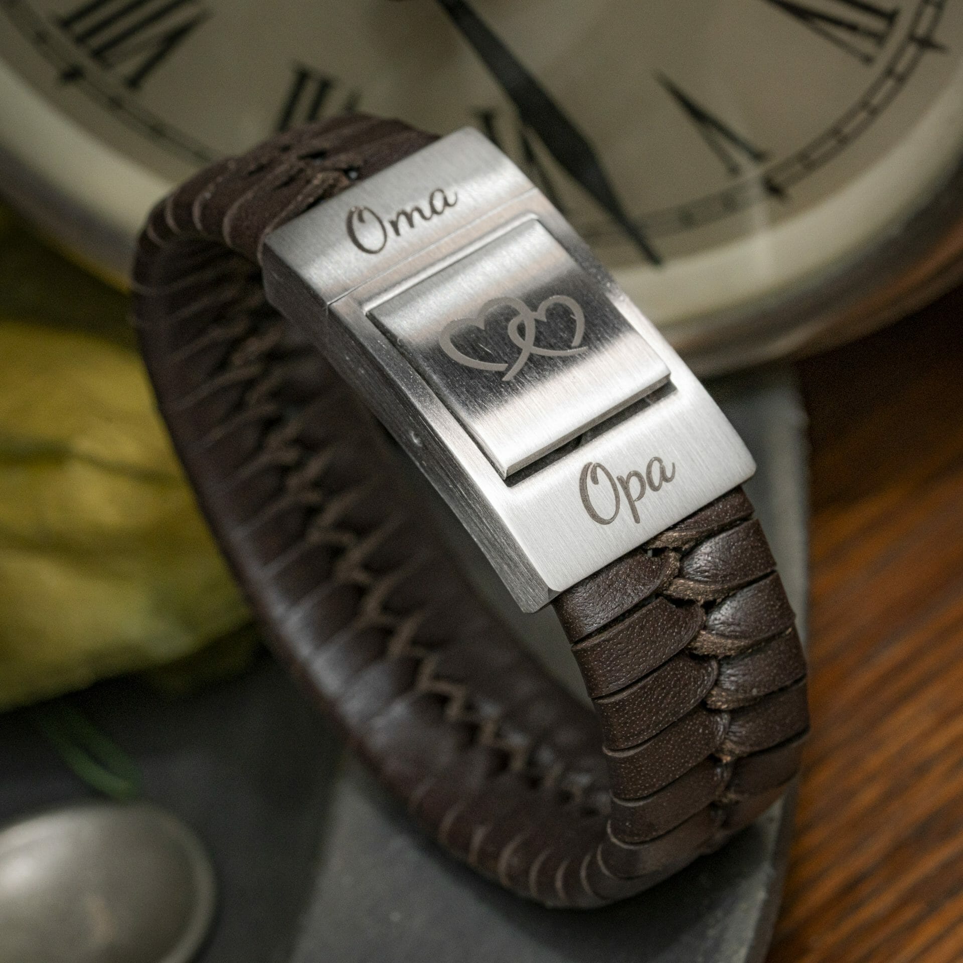 Opa en oma vingerafdruk Gravure Armband Gevlochten leer