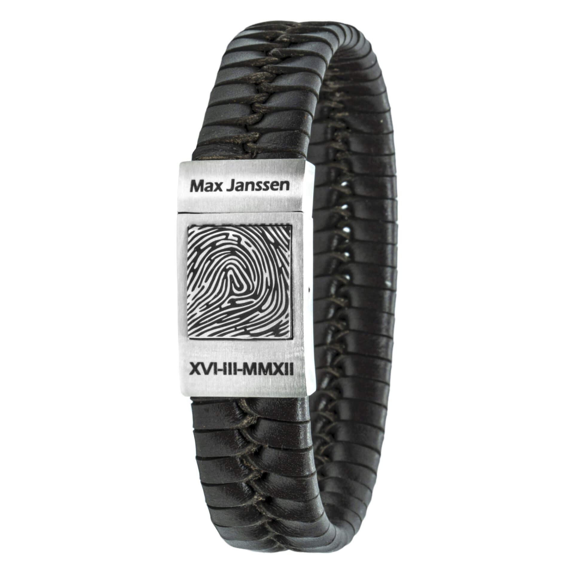 Vingerafdruk op Armband – Gevlochten leer (Zwart / Bruin leer)