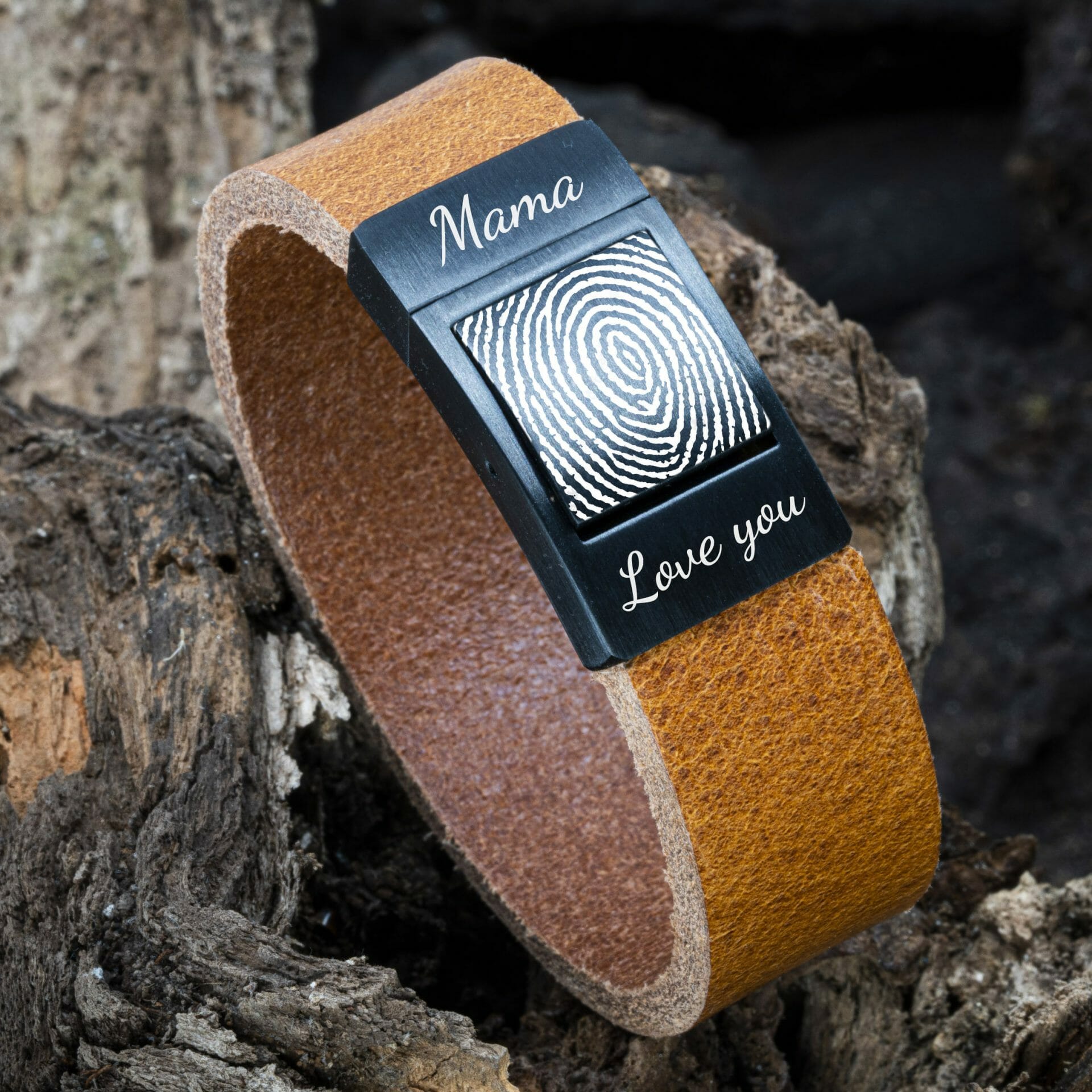 Vingerafdruk Mama / Papa gravure op leren Armband