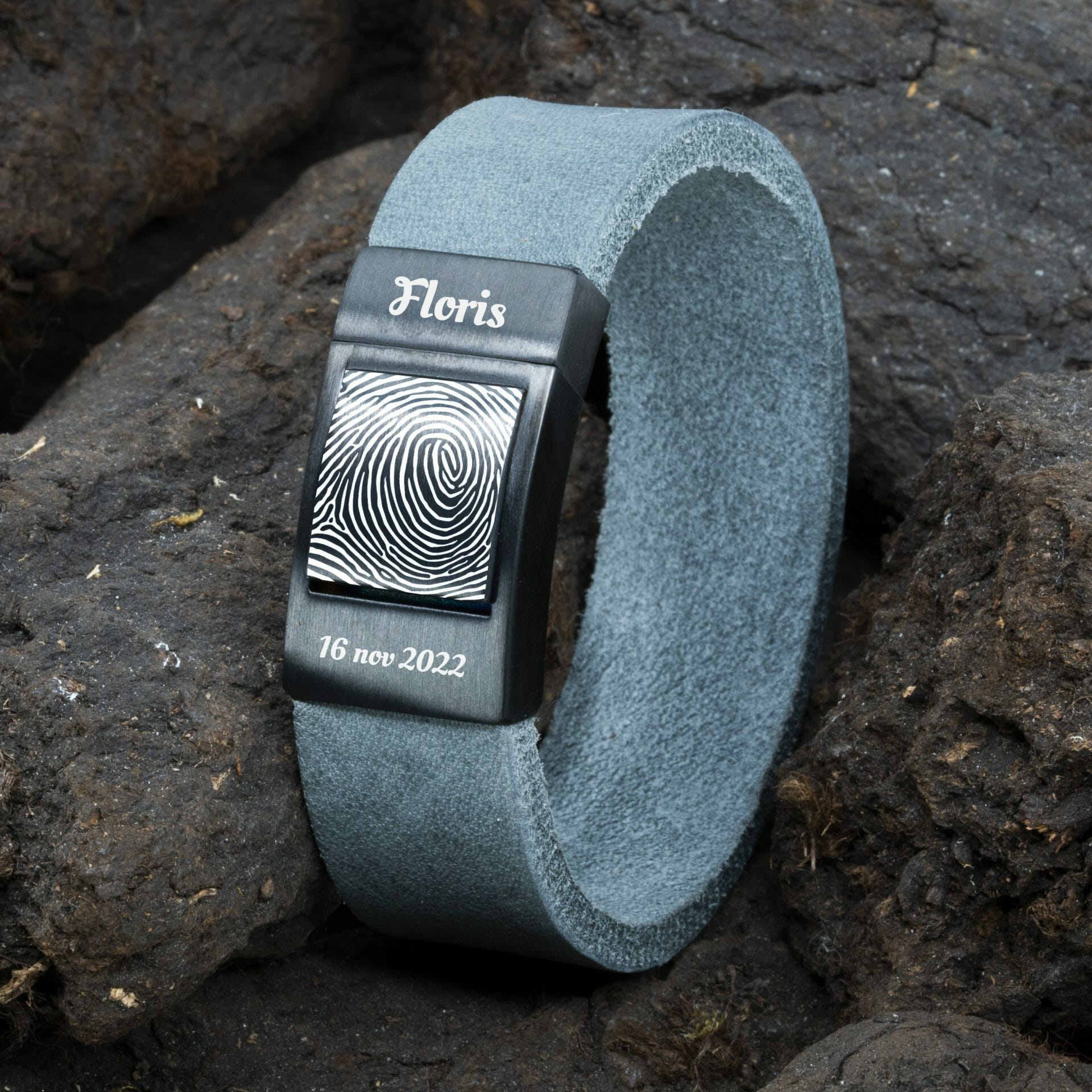 Vingerafdruk armband - Rocky Bruin gevlochten leer