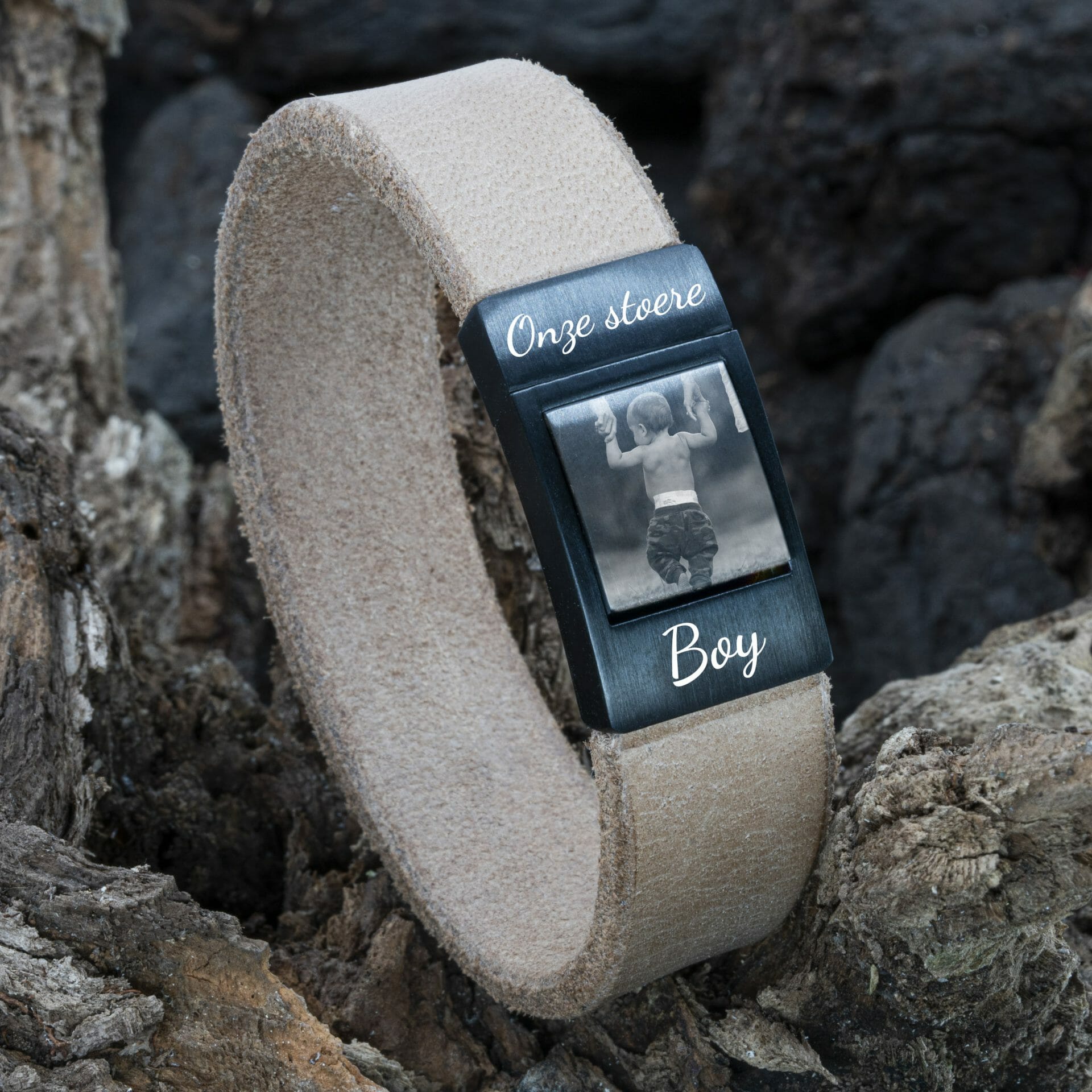 Fotoarmband met eigen Namen en Fotogravure – Beige leren Armband