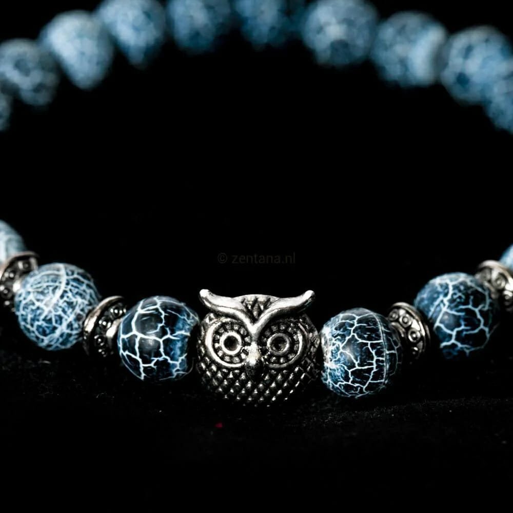 Wijze uil armband – 🦉 Blauwe Frosted Agaat kralen