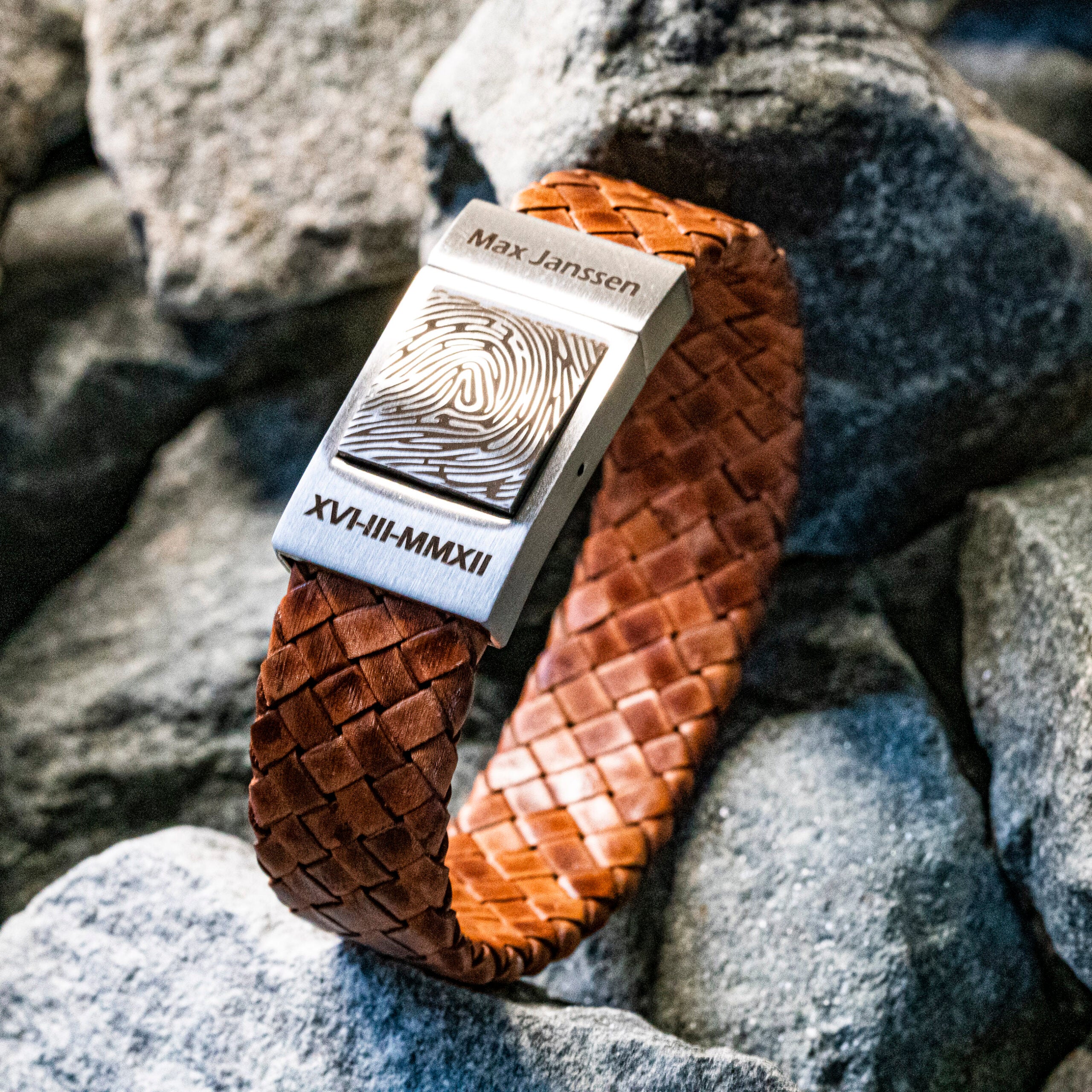 Vingerafdruk armband - Rocky Bruin gevlochten leer