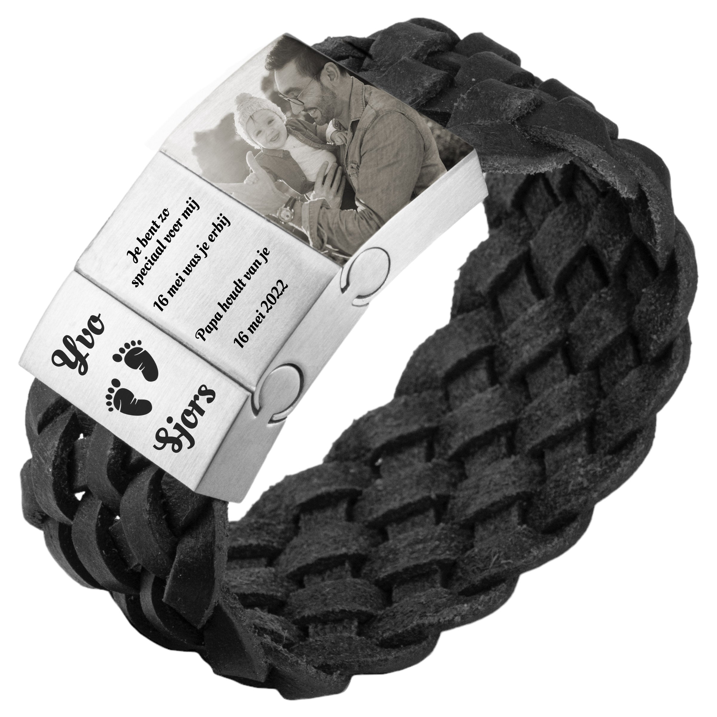 Foto-armband gevlochten leer – zwart of bruin | 3 schakels