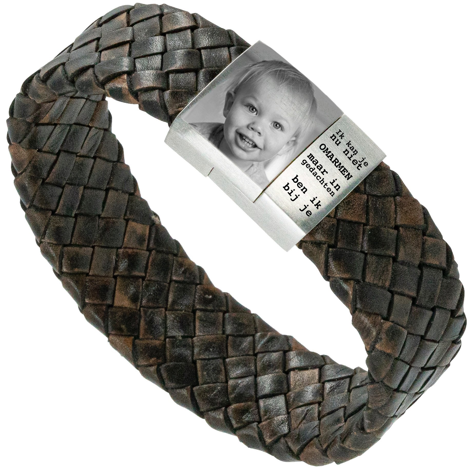 Baby Fotoarmband met eigen afbeelding - bruin Gevlochten leren Armband