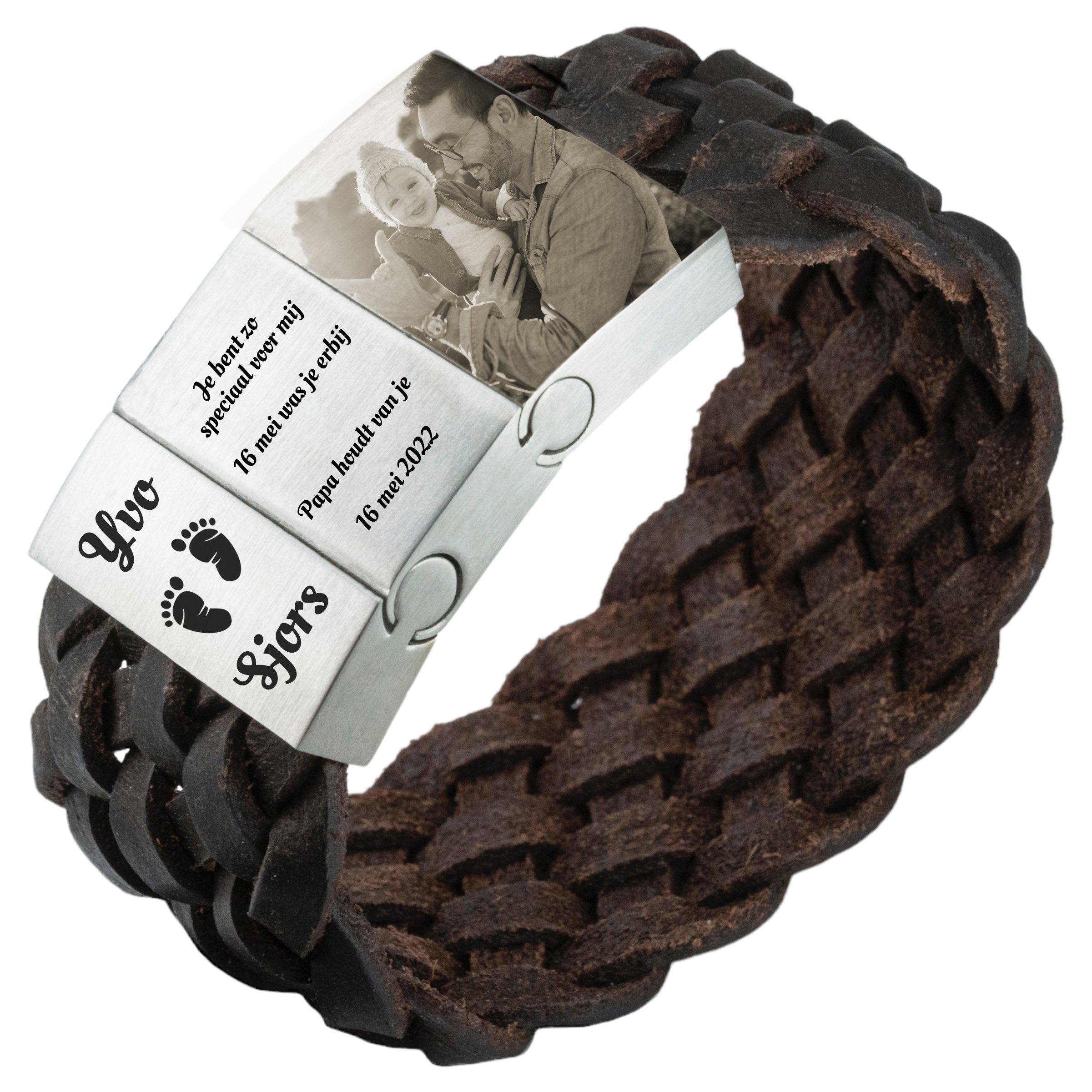Foto-armband gevlochten leer – zwart of bruin | 3 schakels