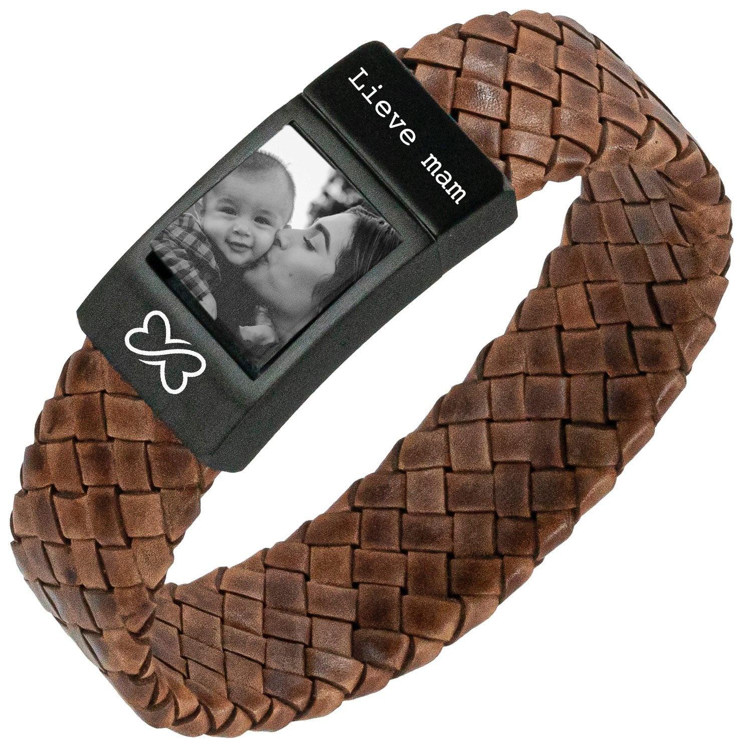 Fotoarmband Dames Gevlochten bruin leer – Eigen Foto op armband