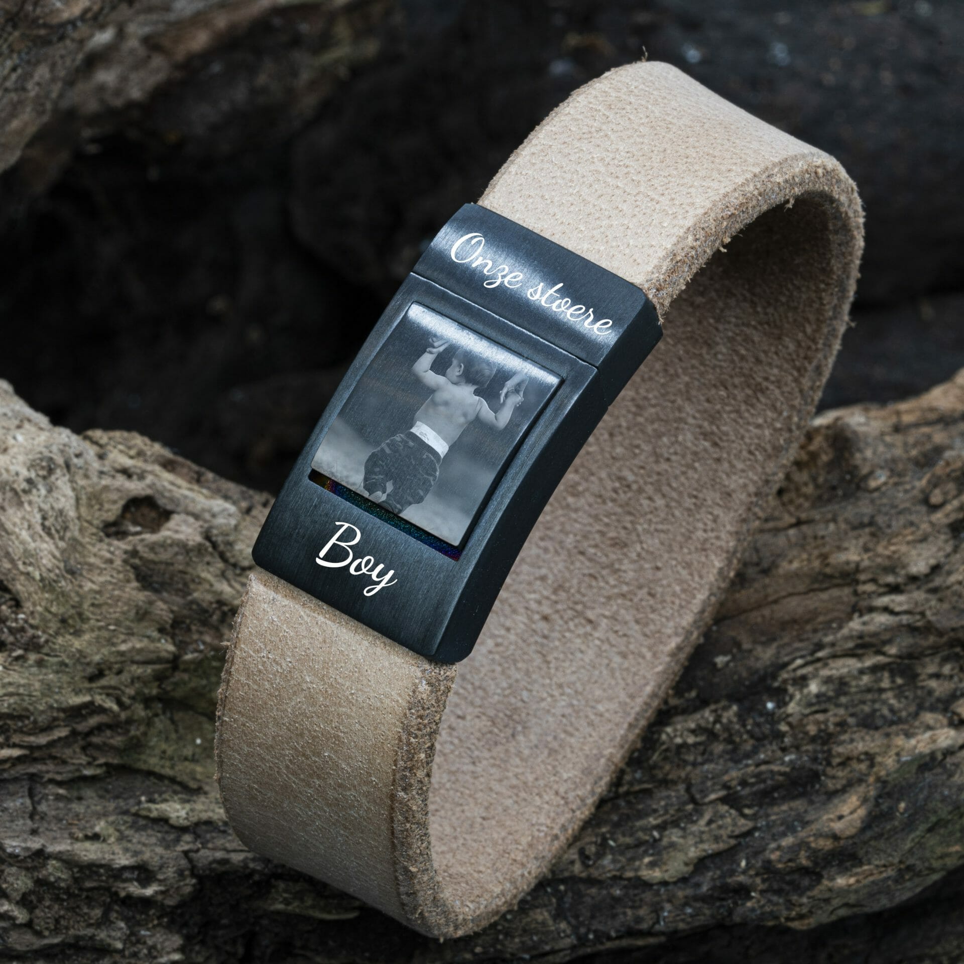 Eigen Foto op armband - Licht leren Armband met Fotogravure