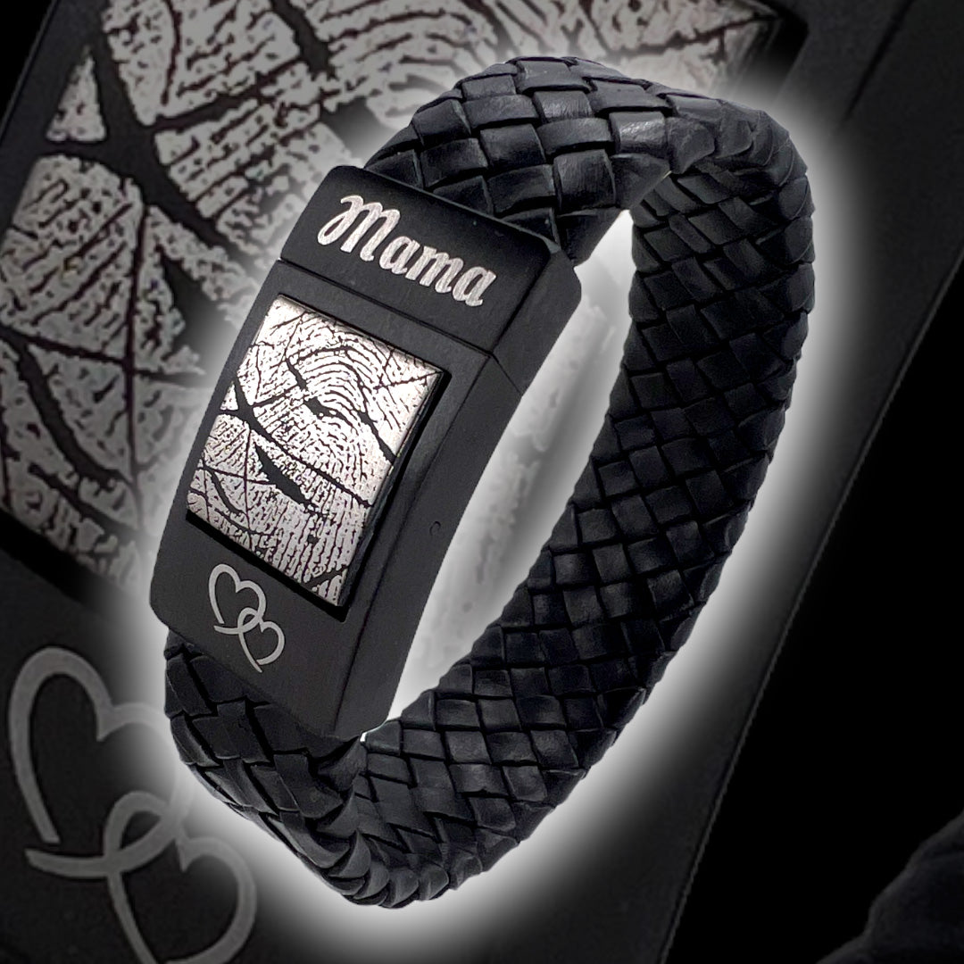 Papa Vingerafdruk armband – Zwart gevlochten leer